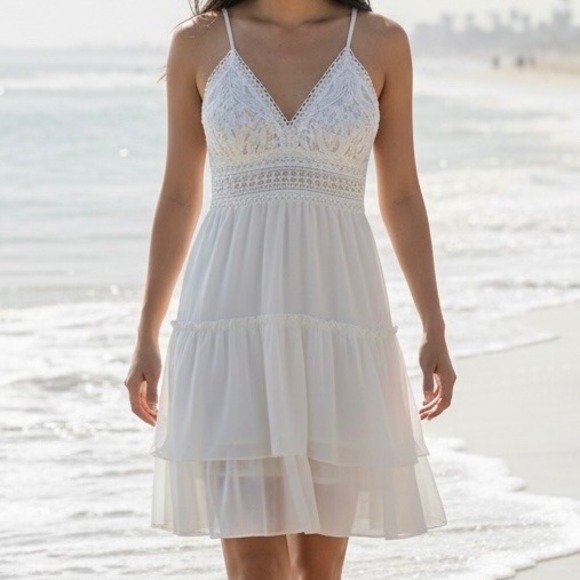 Wish Dresses & Skirts - Crochet Lace Tiered Midi Dress Boho Back Bow Sun Sz M Coastal Cottagecore Bridal